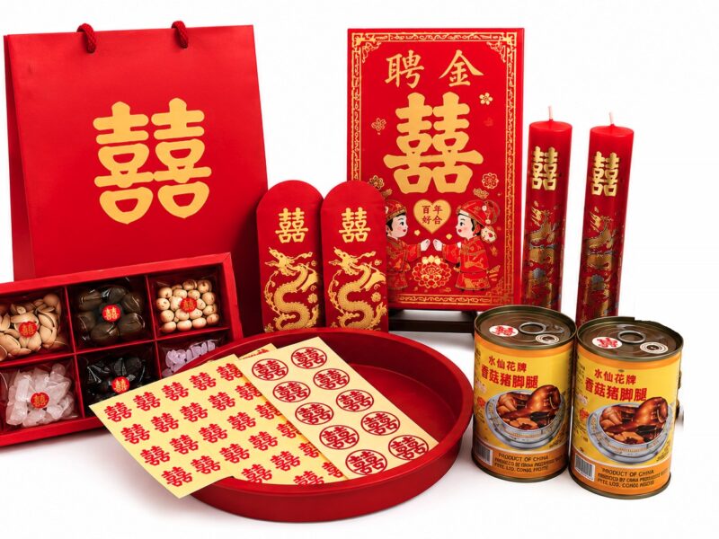 Simplified Guo Da Li Package 新郎过大礼配套 items: tray, red packets, alcohol bag, 1 pair of dragon and phoenix candles, pig trotter cans, wedding grains, stickers