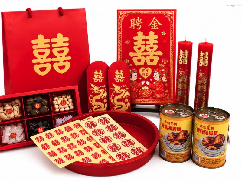 Simplified Guo Da Li Package 新郎过大礼配套 items: tray, red packets, alcohol bag, 1 pair of dragon and phoenix candles, pig trotter cans, wedding grains, stickers